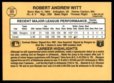 Bobby Witt Rookie Texas Rangers 1987 Donruss card showcasing MLB stats and highlights