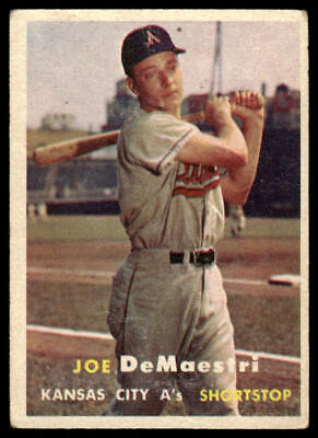 Vintage baseball card of Joe DeMaestri, Kansas City A’s shortstop in batting stance