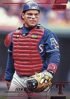 Baseball trading card of Ivan Rodriguez in Texas Rangers uniform, Stadium Club Red Foil