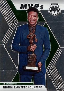 Giannis Antetokounmpo holding a trophy in a blue suit for Panini Mosaic, Milwaukee Bucks