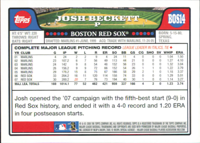 Baseball card featuring Josh Beckett’s pitching stats for Red Sox Topps collectibles