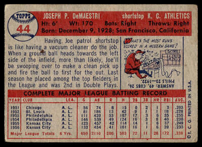 Vintage 1956 Topps Joe DeMaestri baseball card from Kansas City Athletics trading cards