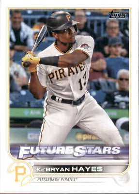 Baseball card of Ke’Bryan Hayes in white home uniform, Pittsburgh Pirates Future Stars