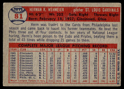 Vintage 1954 Bowman baseball card of Herm Wehmeier with career stats and bio information