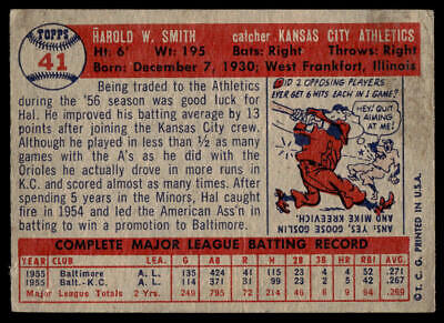 1956 Topps Baseball Card of Hal Smith, Kansas City Athletics Catcher, Trading Cards