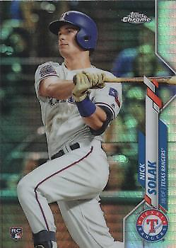 Baseball card of Nick Solak in a Texas Rangers uniform from Topps Chrome Prism Refractors