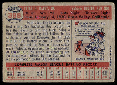 Vintage 1956 Topps baseball card of Pete Daley, Boston Red Sox catcher, trading cards