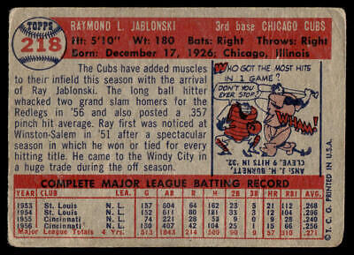 Vintage 1956 Topps Baseball Card of Ray Jablonski, Cubs Third Baseman Trading Cards