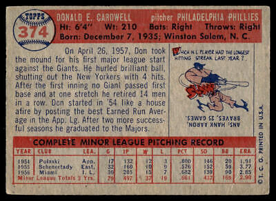 Vintage 1956 Topps baseball card of Don Cardwell, Philadelphia Phillies pitcher