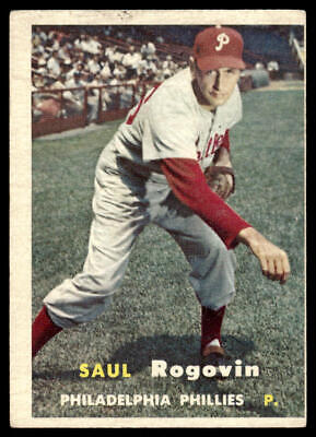 Vintage baseball card of Saul Rogovin in Phillies uniform, 1957 Topps #129 trading cards