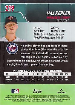 Baseball card of Max Kepler in dark cap from 2022 Stadium Club Red Foil set