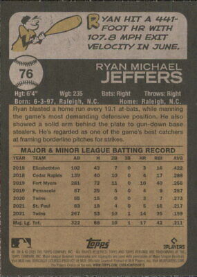 2022 Topps Heritage #76 Ryan Jeffers Minnesota Twins Baseball Card with stats and info