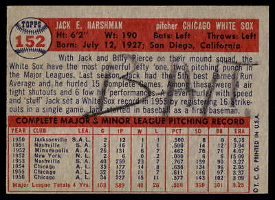 Jack Harshman 1957 Topps baseball card, Chicago White Sox trading cards collectible