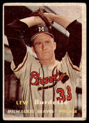 Vintage 1957 Topps #208 Lew Burdette baseball card featuring Milwaukee Braves pitcher #33