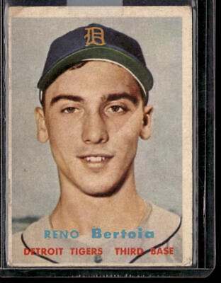 Vintage 1957 Topps #390 Reno Bertoia baseball card featuring Detroit Tigers cap