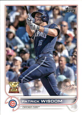 Patrick Wisdom batting in navy uniform on 2022 Topps #271 Chicago Cubs Baseball Card