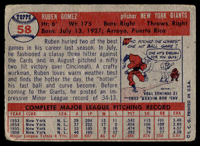 1955 Topps baseball card of Ruben Gomez from the New York Giants trading cards