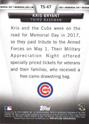 Baseball card of Kris Bryant featuring Chicago Cubs logo for Topps Salute Memorial Day event