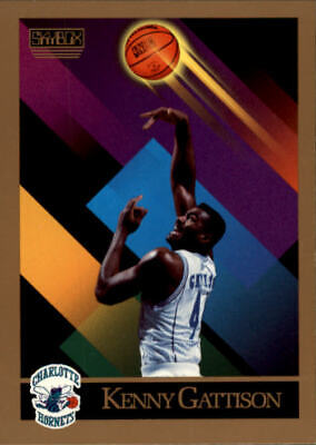 Basketball trading card of Kenny Gattison reaching for a glowing basketball with Charlotte Hornets