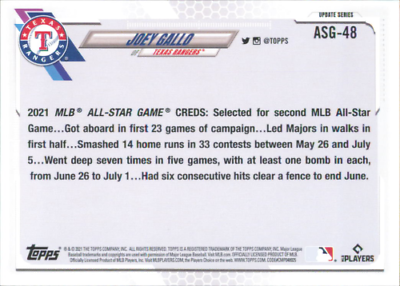 Back side of 2021 Topps Update MLB Joey Gallo card with player stats and achievements