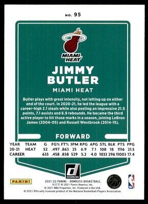 Basketball trading card of Jimmy Butler featuring Miami Heat stats and Panini Donruss logo