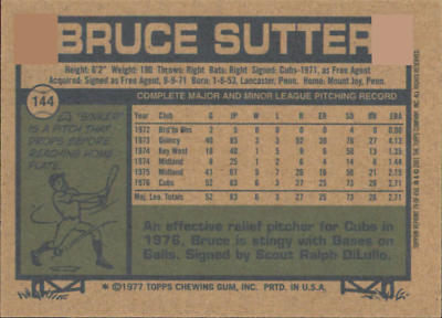 Baseball card featuring Bruce Sutter’s stats from 1977 Topps Archives Chicago Cubs