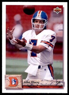 Denver Broncos quarterback John Elway in white uniform #7 throwing a football, Upper Deck