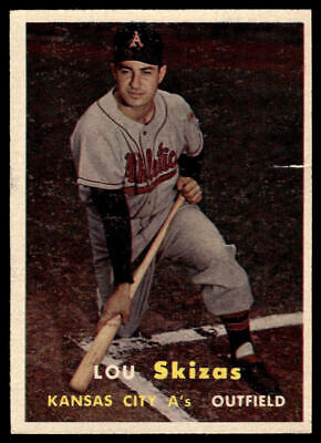 Vintage baseball card of Lou Skizas, Kansas City A’s outfielder in batting pose