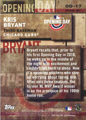 Topps Opening Day Insert of Kris Bryant featuring Cubs stats and Opening Day details