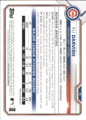 Baseball trading card featuring Yu Darvish Chicago Cubs statistics and information