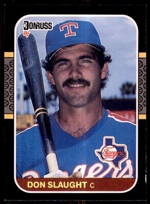 1987 Donruss Don Slaught Texas Rangers card in blue uniform holding bat, text-align center