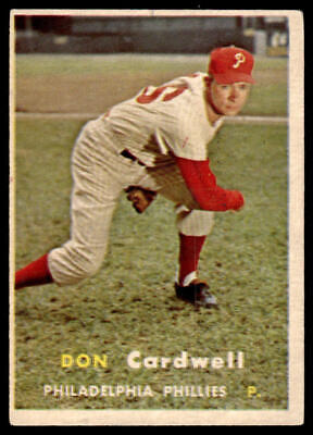 Vintage baseball card of Don Cardwell in delivery stance, 1957 Topps #374