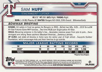 Texas Rangers Sam Huff Rookie Baseball Card 2021 Bowman Chrome player statistics