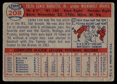 Vintage 1956 Topps baseball card of Lew Burdette from the Milwaukee Braves trading cards