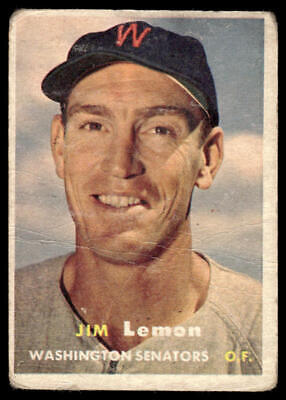 Vintage baseball card of Jim Lemon from the Washington Senators with navy W logo cap