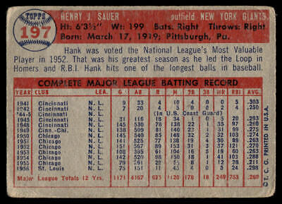 Vintage 1953 Topps Hank Sauer baseball card showcasing player statistics and biography