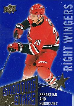 Hockey trading card of Sebastian Aho in red jersey #20 from Upper Deck Shooting Stars