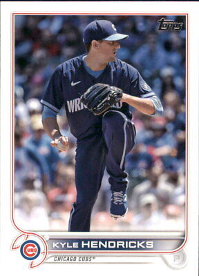 Baseball card of Kyle Hendricks, Chicago Cubs pitcher in navy uniform mid-delivery