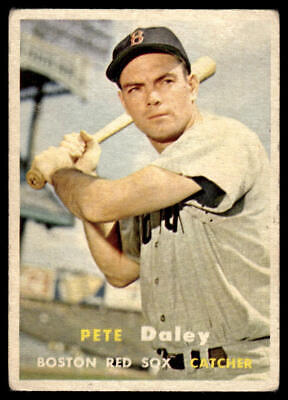 Vintage baseball card of Pete Daley in Boston Red Sox uniform, 1957 Topps #388 trading card