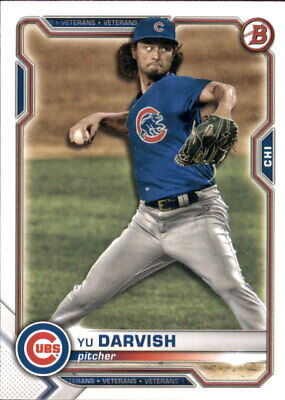 Baseball card of Yu Darvish in mid-throw for Chicago Cubs, blue jersey, gray pants