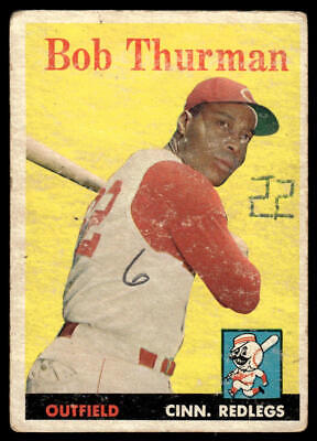 Vintage 1958 Topps Bob Thurman baseball card with outfielder in batting stance on yellow background