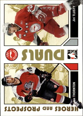 Hockey trading card featuring Joe Thornton and Jiri Tlusty from ITG Heroes and Prospects