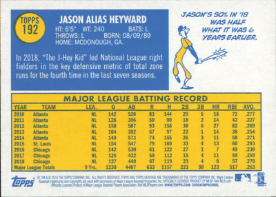 Topps Heritage Jason Heyward Chicago Cubs baseball card showcasing career batting stats