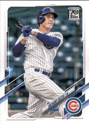 Baseball card of Anthony Rizzo in Chicago Cubs pinstripe uniform at bat