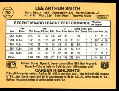 Lee Smith Chicago Cubs trading card showcasing career stats from 1982-1986