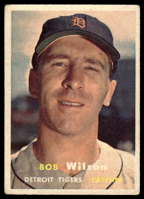 Vintage 1957 Topps Bob Wilson baseball card featuring a Detroit Tigers player in navy cap