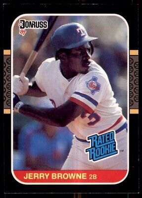 Baseball card of Jerry Browne in white Texas Rangers uniform at bat, 1987 Donruss