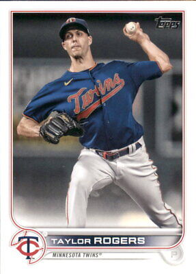 Baseball card of Taylor Rogers, Minnesota Twins pitcher in navy blue jersey mid-throw