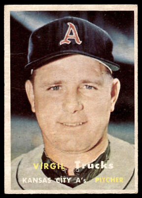 Vintage baseball card of Virgil Trucks, Kansas City Athletics pitcher, connecting with trading cards