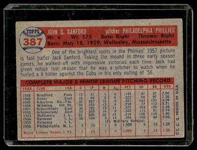 Vintage 1957 Topps Baseball Card #387 of Jack Sanford, Philadelphia Phillies pitcher